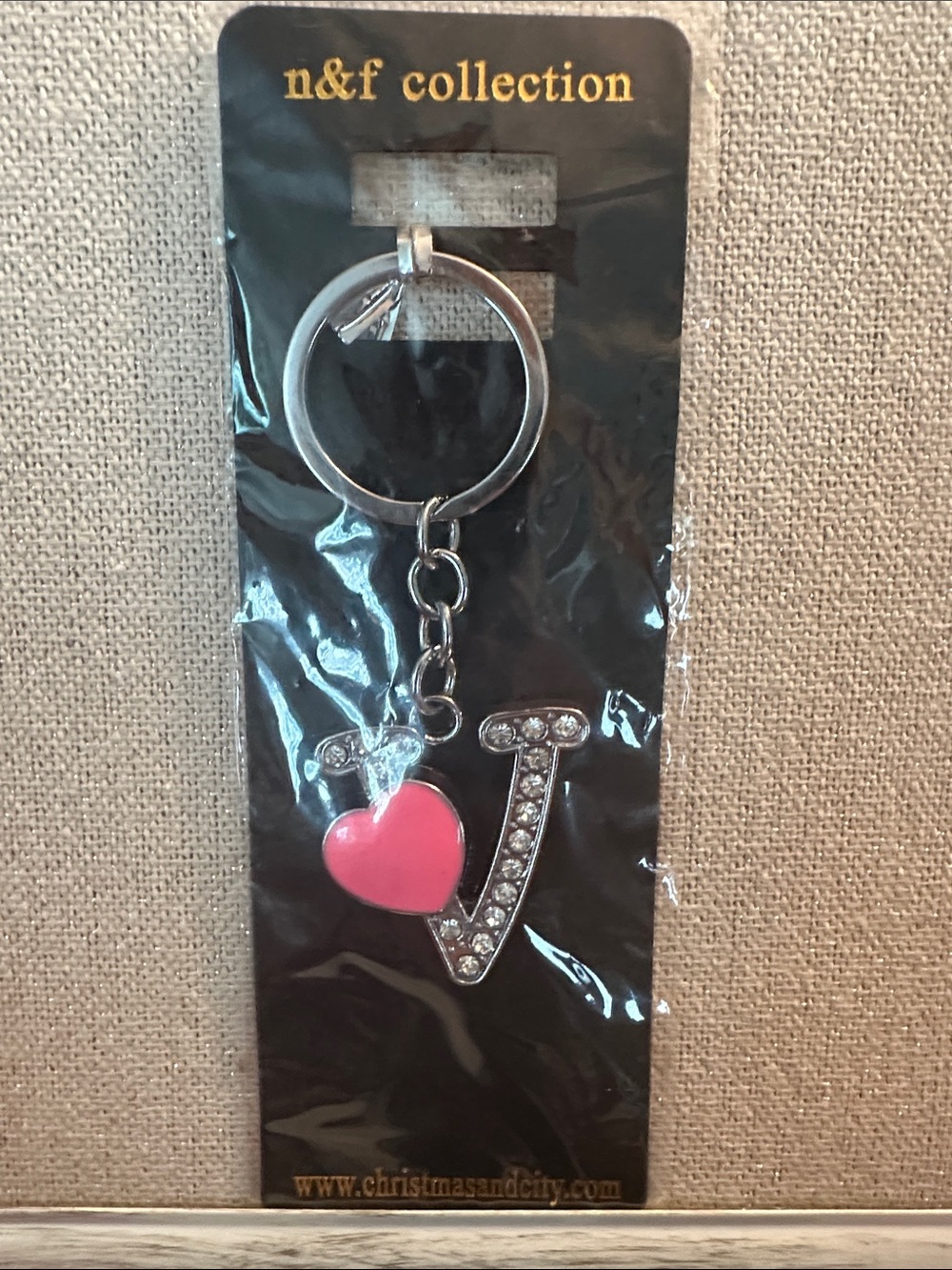 N&f collection Pink Heart V Initial Keychain NWT